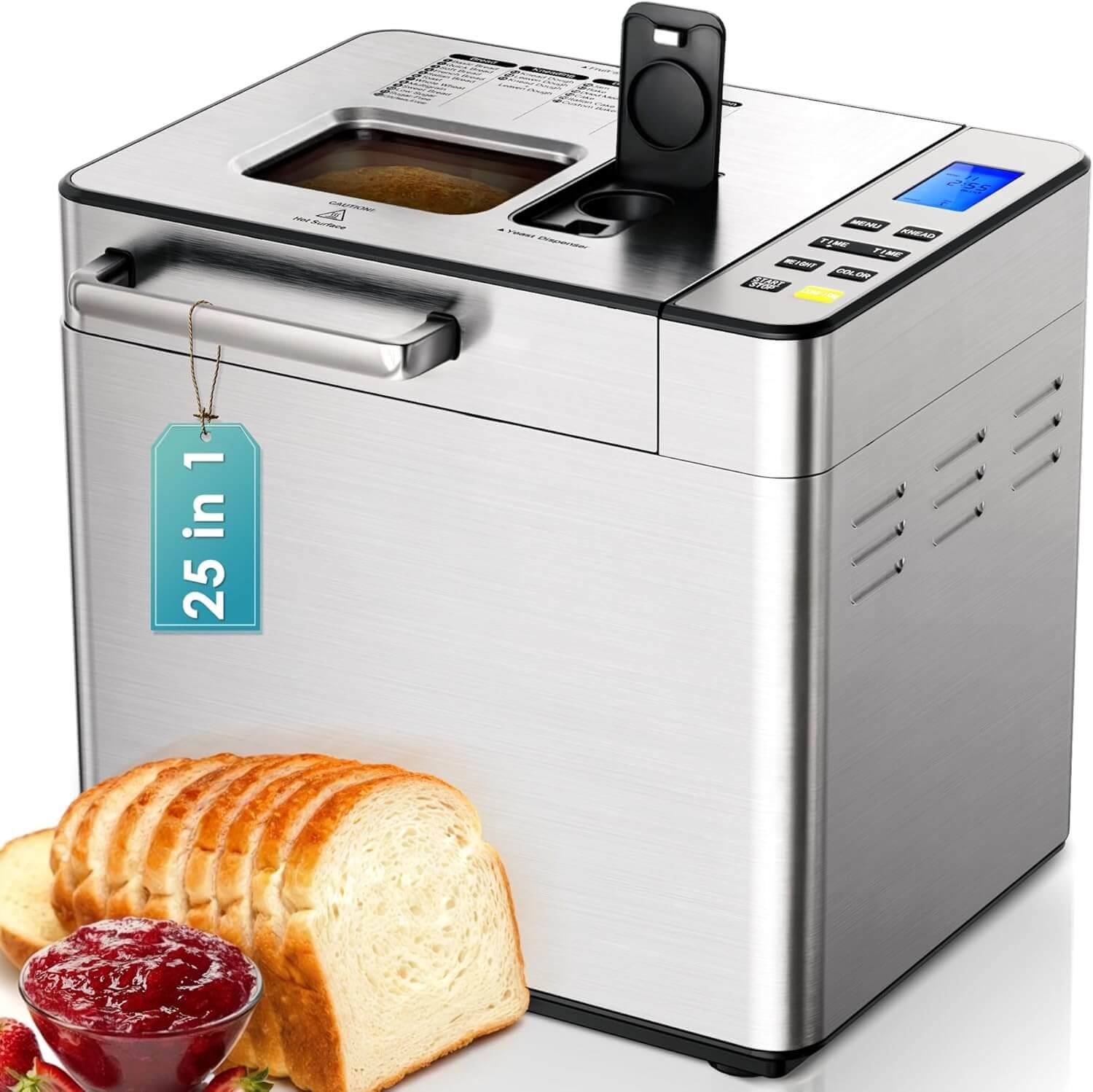 EUHOMY 2LB Bread Maker Machine, 25-in-1 Automatic Bread Maker, Customized Bread Machine with Fruits & Nuts Dispenser, Breadmaker For Beginners, Nonstick Pan, Dough Maker, Gluten-Free, Recipe,