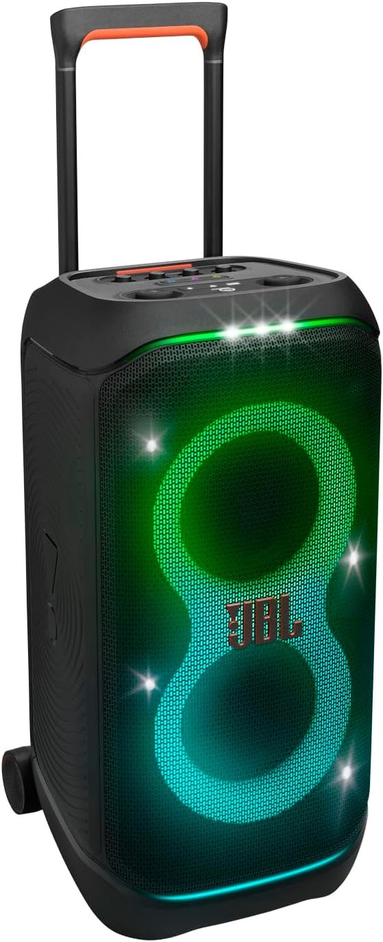JBL PartyBox Stage 320 - Portable Party Speaker with Telescopic Handle & Wide, Sturdy Wheels, Powerful JBL Pro Sound, Futuristic lightshow, Up to 18 Hours of Play time, Splash Proof 