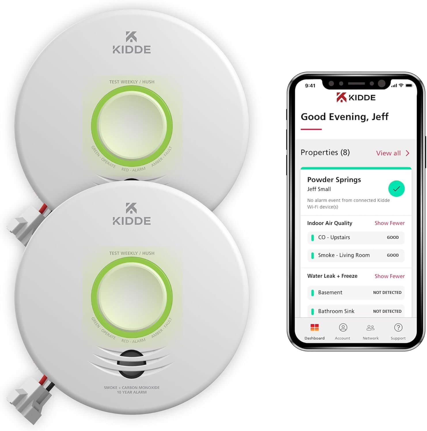 idde Smart Smoke & Carbon Monoxide Detector, WiFi, Alexa Compatible Device, Hardwired w/Battery Backup, Voice & App Alerts, 2 Pack