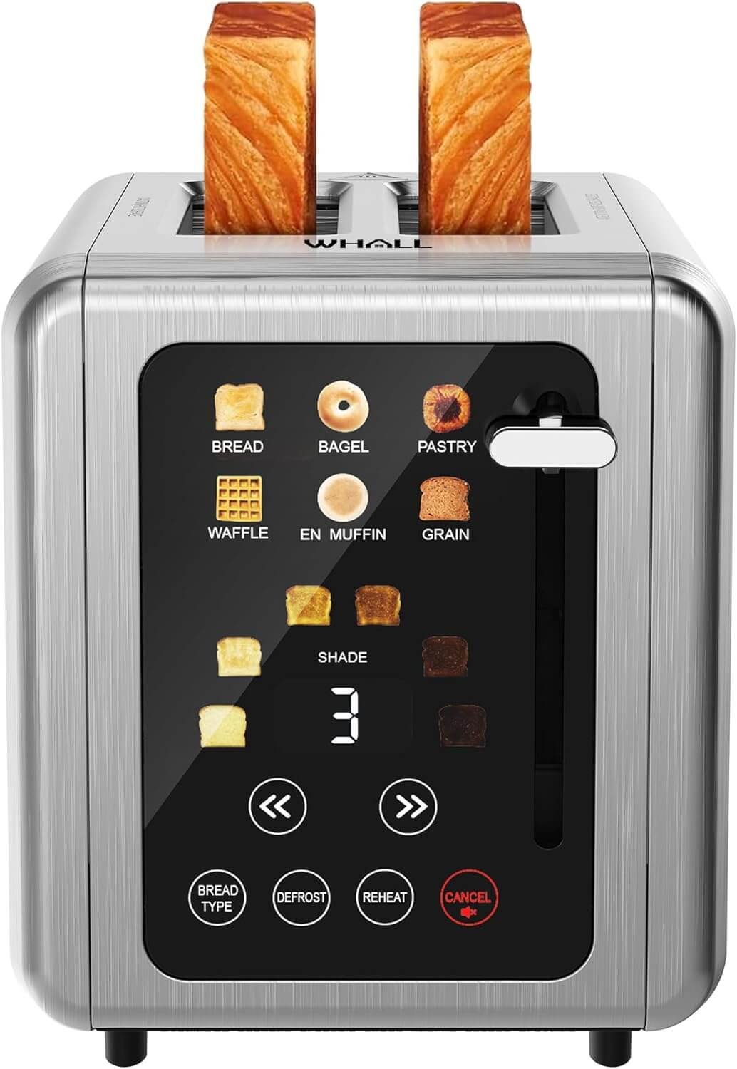 WHALL Touch Screen Toaster 2 Slice, Stainless Steel Digital Timer Toasters with Sound Function, Smart Extra Wide Slots Toaster with Bagel, Cancel, Defrost